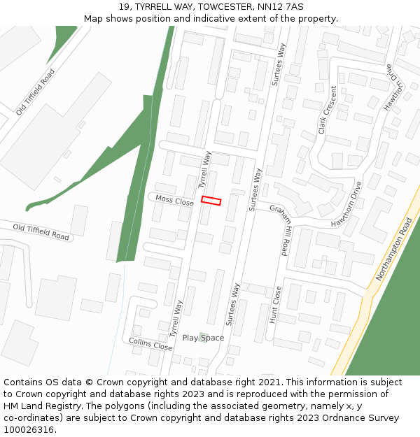 19, TYRRELL WAY, TOWCESTER, NN12 7AS: Location map and indicative extent of plot
