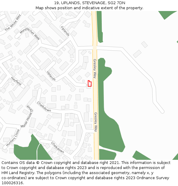 19, UPLANDS, STEVENAGE, SG2 7DN: Location map and indicative extent of plot