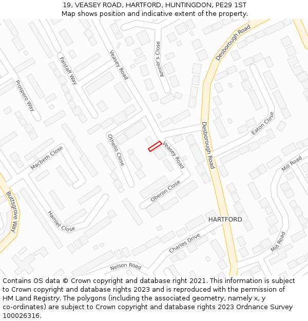 19, VEASEY ROAD, HARTFORD, HUNTINGDON, PE29 1ST: Location map and indicative extent of plot