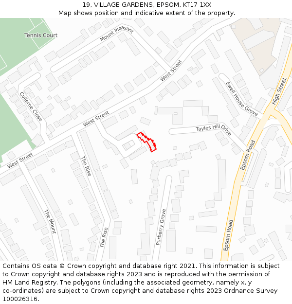 19, VILLAGE GARDENS, EPSOM, KT17 1XX: Location map and indicative extent of plot