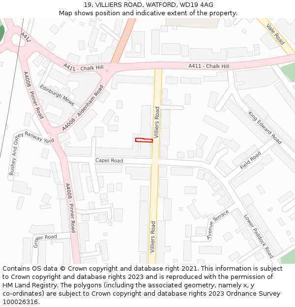 19, VILLIERS ROAD, WATFORD, WD19 4AG: Location map and indicative extent of plot