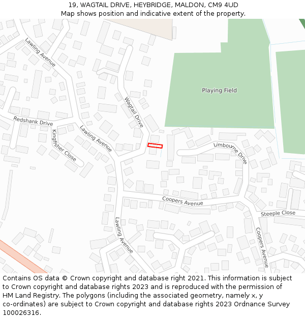 19, WAGTAIL DRIVE, HEYBRIDGE, MALDON, CM9 4UD: Location map and indicative extent of plot