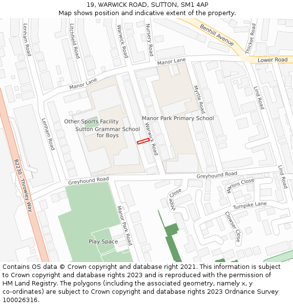19, WARWICK ROAD, SUTTON, SM1 4AP: Location map and indicative extent of plot