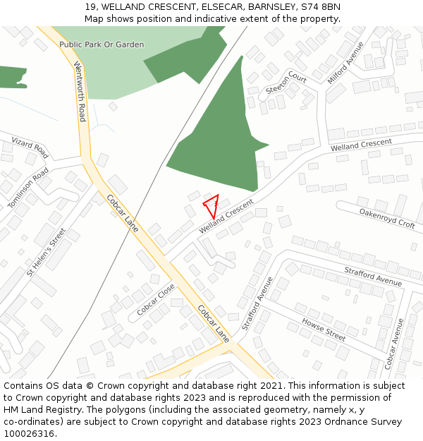19, WELLAND CRESCENT, ELSECAR, BARNSLEY, S74 8BN: Location map and indicative extent of plot