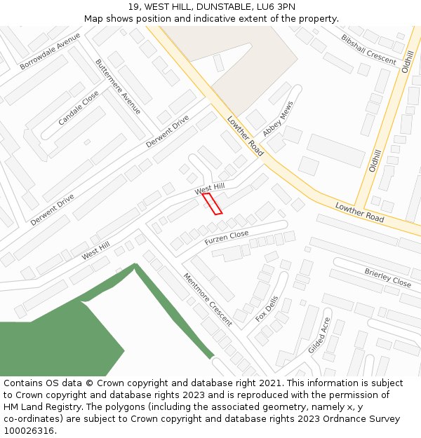 19, WEST HILL, DUNSTABLE, LU6 3PN: Location map and indicative extent of plot