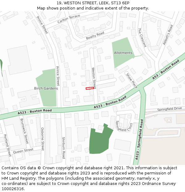 19, WESTON STREET, LEEK, ST13 6EP: Location map and indicative extent of plot