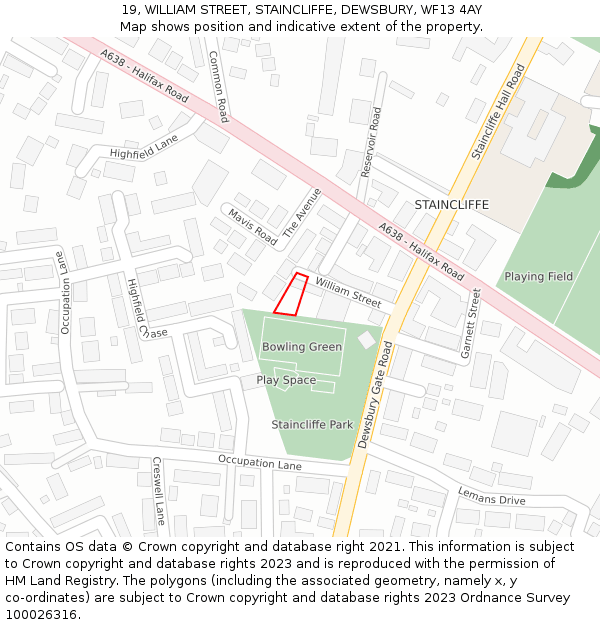 19, WILLIAM STREET, STAINCLIFFE, DEWSBURY, WF13 4AY: Location map and indicative extent of plot