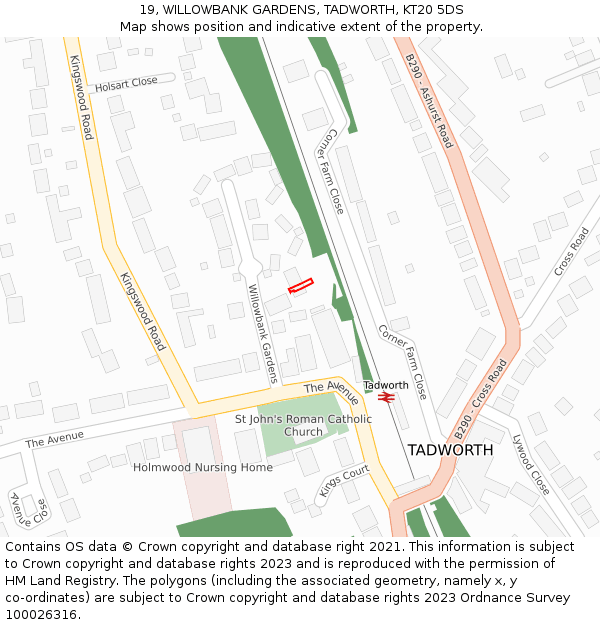 19, WILLOWBANK GARDENS, TADWORTH, KT20 5DS: Location map and indicative extent of plot