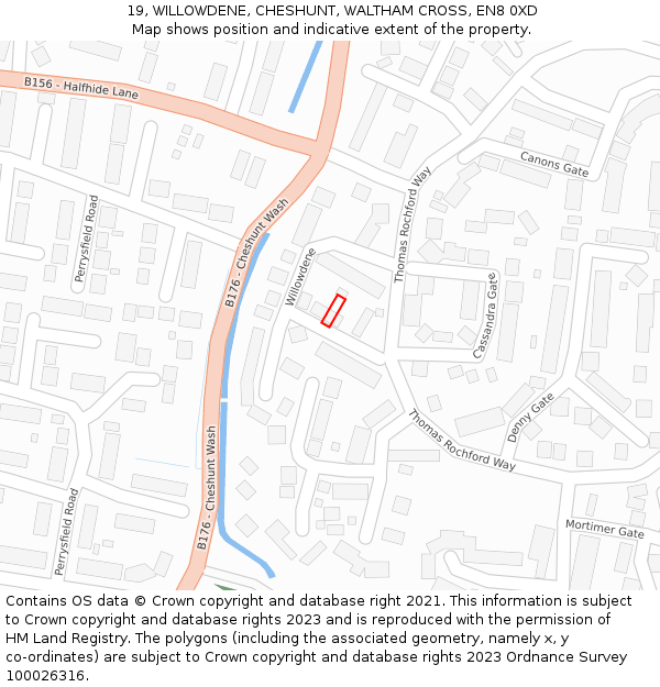 19, WILLOWDENE, CHESHUNT, WALTHAM CROSS, EN8 0XD: Location map and indicative extent of plot