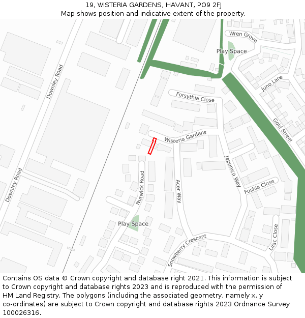 19, WISTERIA GARDENS, HAVANT, PO9 2FJ: Location map and indicative extent of plot
