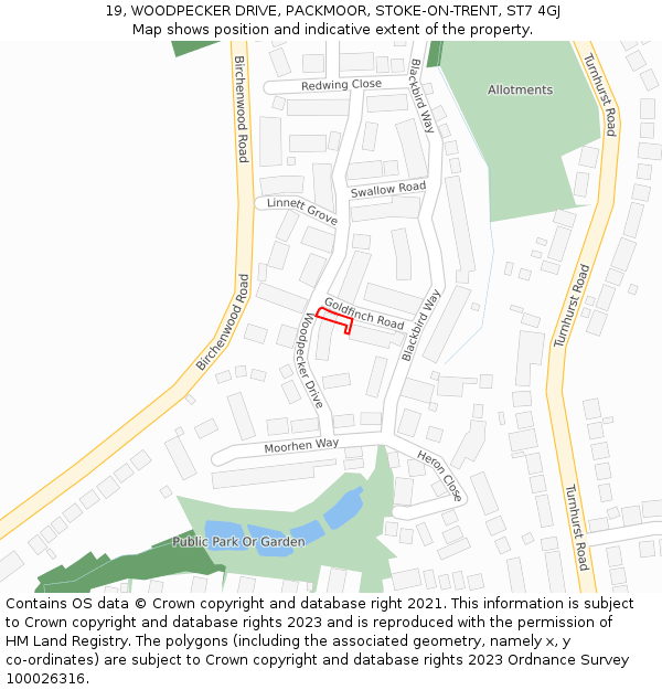 19, WOODPECKER DRIVE, PACKMOOR, STOKE-ON-TRENT, ST7 4GJ: Location map and indicative extent of plot