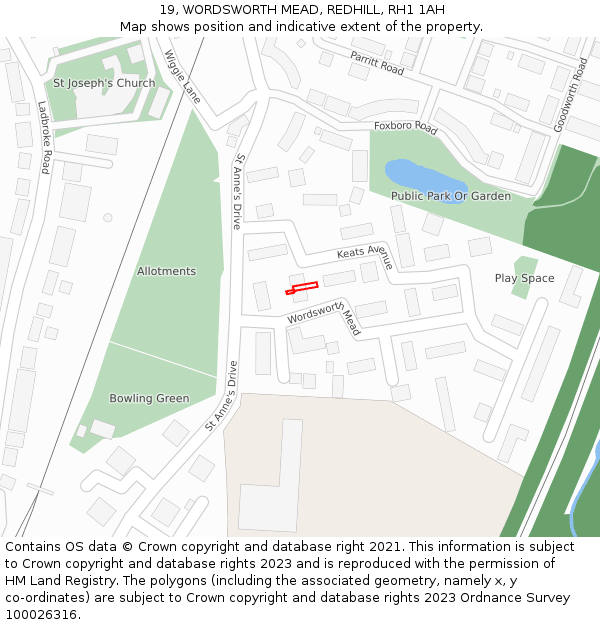 19, WORDSWORTH MEAD, REDHILL, RH1 1AH: Location map and indicative extent of plot