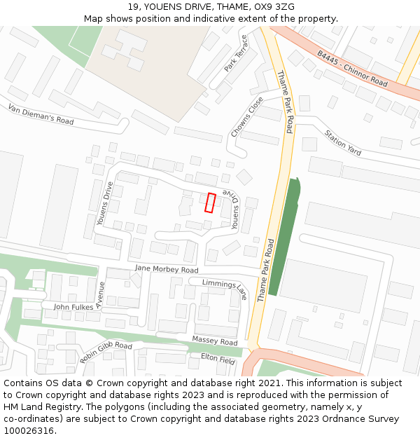 19, YOUENS DRIVE, THAME, OX9 3ZG: Location map and indicative extent of plot