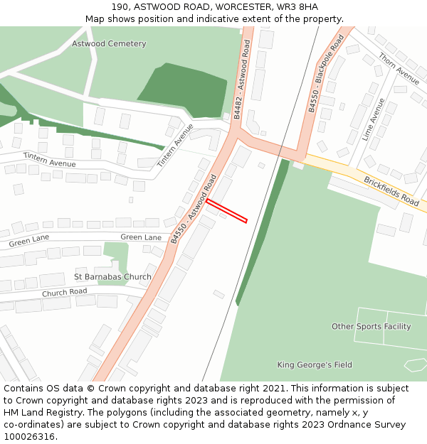 190, ASTWOOD ROAD, WORCESTER, WR3 8HA: Location map and indicative extent of plot