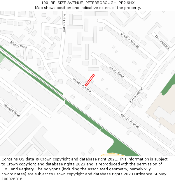190, BELSIZE AVENUE, PETERBOROUGH, PE2 9HX: Location map and indicative extent of plot