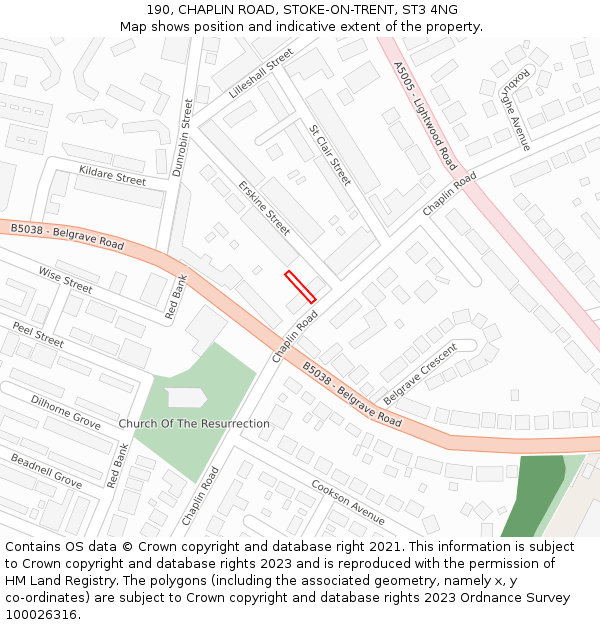 190, CHAPLIN ROAD, STOKE-ON-TRENT, ST3 4NG: Location map and indicative extent of plot