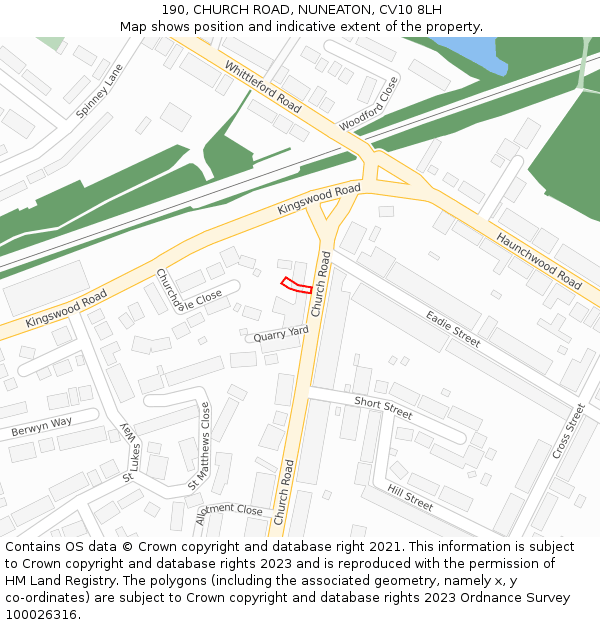 190, CHURCH ROAD, NUNEATON, CV10 8LH: Location map and indicative extent of plot