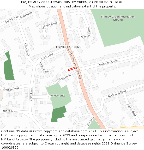 190, FRIMLEY GREEN ROAD, FRIMLEY GREEN, CAMBERLEY, GU16 6LL: Location map and indicative extent of plot
