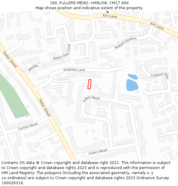 190, FULLERS MEAD, HARLOW, CM17 9AX: Location map and indicative extent of plot