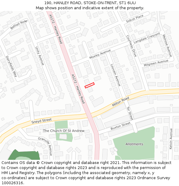 190, HANLEY ROAD, STOKE-ON-TRENT, ST1 6UU: Location map and indicative extent of plot