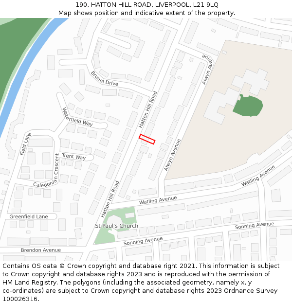 190, HATTON HILL ROAD, LIVERPOOL, L21 9LQ: Location map and indicative extent of plot
