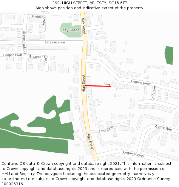 190, HIGH STREET, ARLESEY, SG15 6TB: Location map and indicative extent of plot