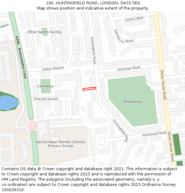 190, HUNTINGFIELD ROAD, LONDON, SW15 5ES: Location map and indicative extent of plot