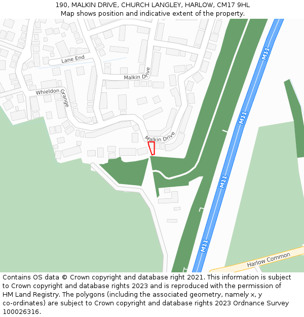 190, MALKIN DRIVE, CHURCH LANGLEY, HARLOW, CM17 9HL: Location map and indicative extent of plot