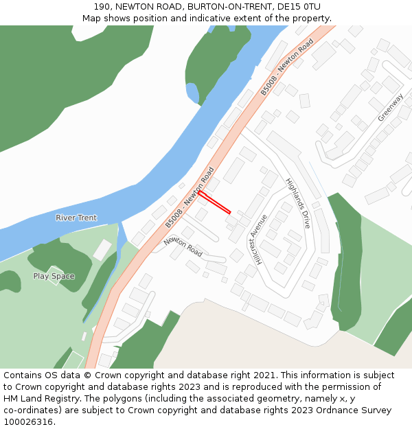 190, NEWTON ROAD, BURTON-ON-TRENT, DE15 0TU: Location map and indicative extent of plot