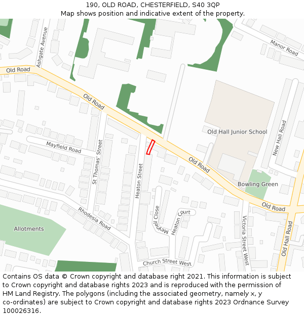 190, OLD ROAD, CHESTERFIELD, S40 3QP: Location map and indicative extent of plot
