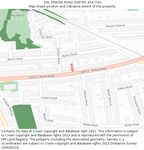 190, PINHOE ROAD, EXETER, EX4 7HH: Location map and indicative extent of plot