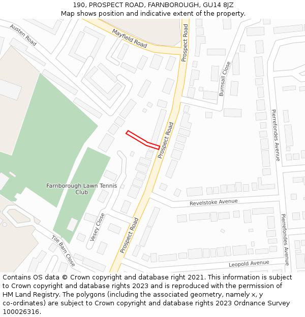 190, PROSPECT ROAD, FARNBOROUGH, GU14 8JZ: Location map and indicative extent of plot