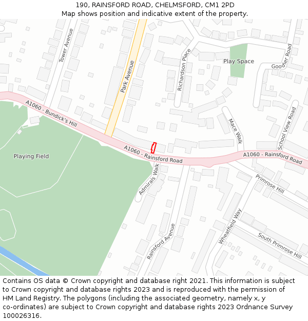 190, RAINSFORD ROAD, CHELMSFORD, CM1 2PD: Location map and indicative extent of plot