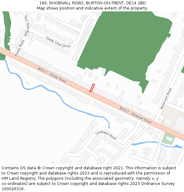190, SHOBNALL ROAD, BURTON-ON-TRENT, DE14 2BD: Location map and indicative extent of plot