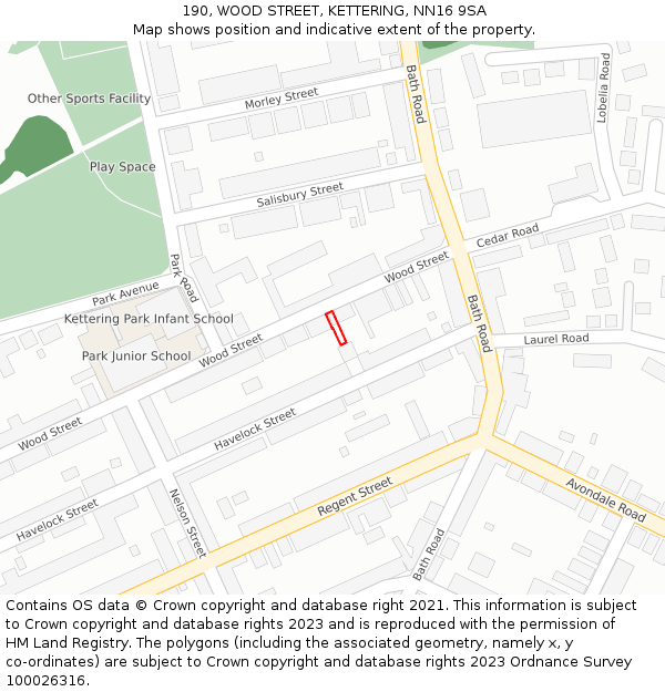 190, WOOD STREET, KETTERING, NN16 9SA: Location map and indicative extent of plot
