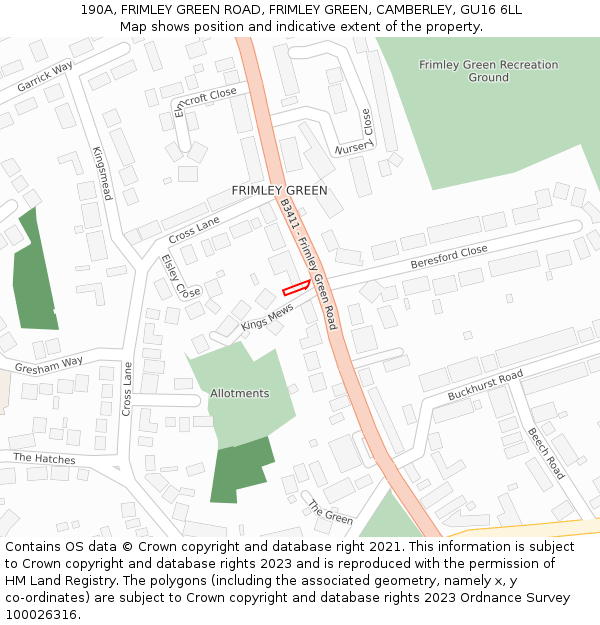190A, FRIMLEY GREEN ROAD, FRIMLEY GREEN, CAMBERLEY, GU16 6LL: Location map and indicative extent of plot