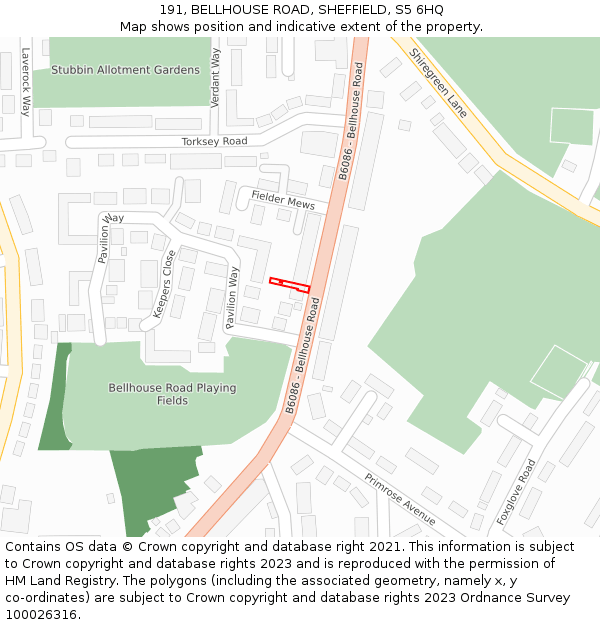 191, BELLHOUSE ROAD, SHEFFIELD, S5 6HQ: Location map and indicative extent of plot