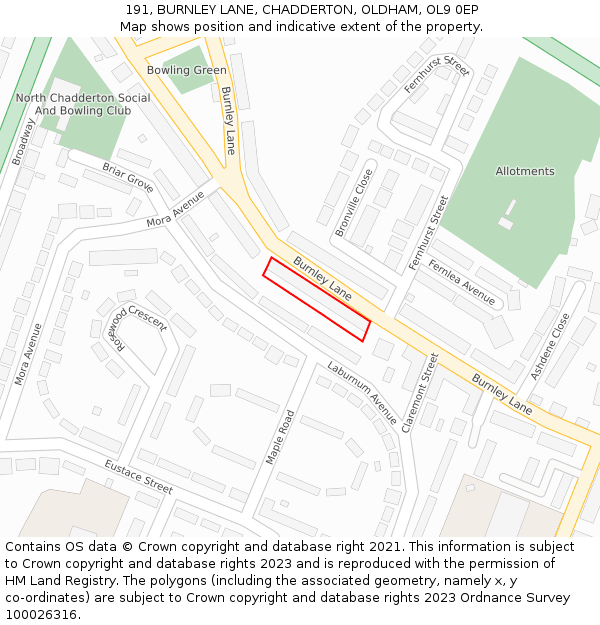 191, BURNLEY LANE, CHADDERTON, OLDHAM, OL9 0EP: Location map and indicative extent of plot