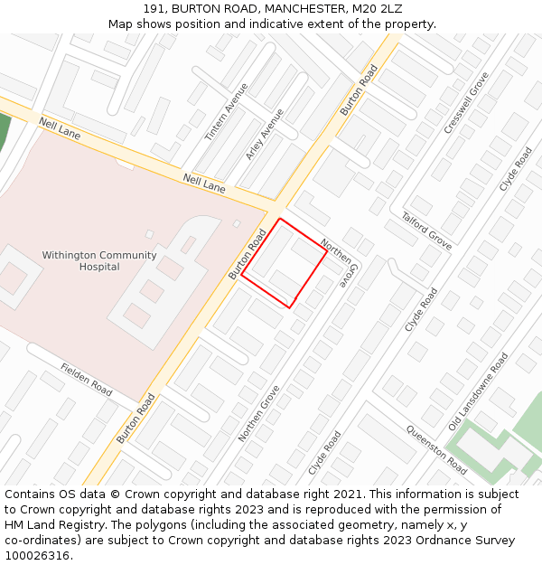 191, BURTON ROAD, MANCHESTER, M20 2LZ: Location map and indicative extent of plot