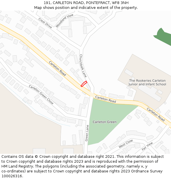 191, CARLETON ROAD, PONTEFRACT, WF8 3NH: Location map and indicative extent of plot