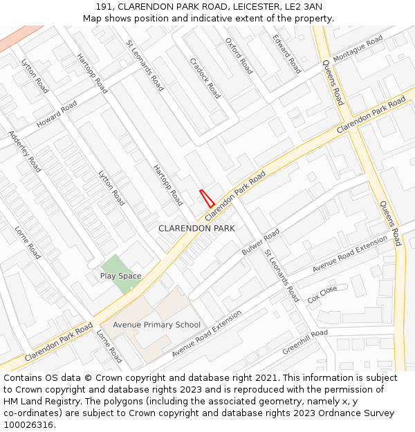 191, CLARENDON PARK ROAD, LEICESTER, LE2 3AN: Location map and indicative extent of plot