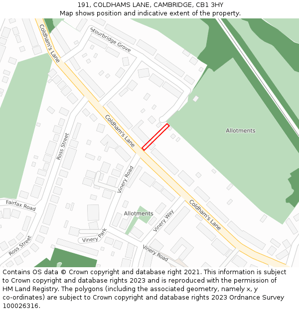 191, COLDHAMS LANE, CAMBRIDGE, CB1 3HY: Location map and indicative extent of plot