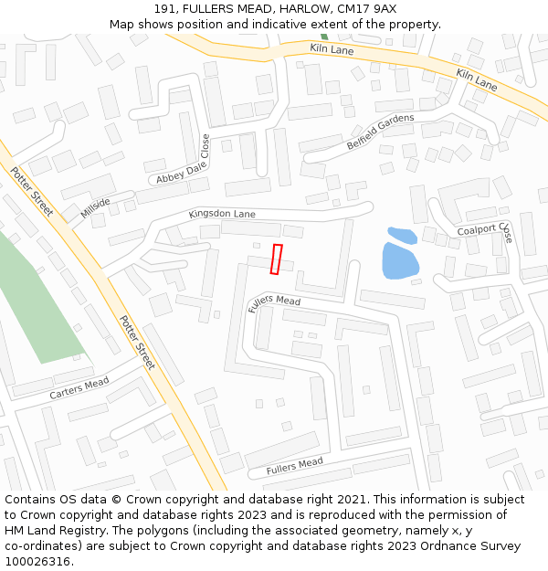 191, FULLERS MEAD, HARLOW, CM17 9AX: Location map and indicative extent of plot