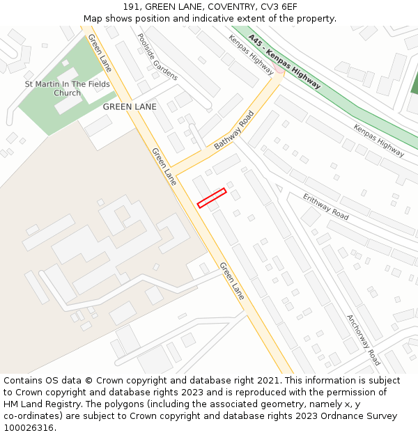 191, GREEN LANE, COVENTRY, CV3 6EF: Location map and indicative extent of plot