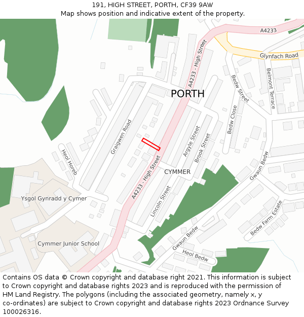 191, HIGH STREET, PORTH, CF39 9AW: Location map and indicative extent of plot