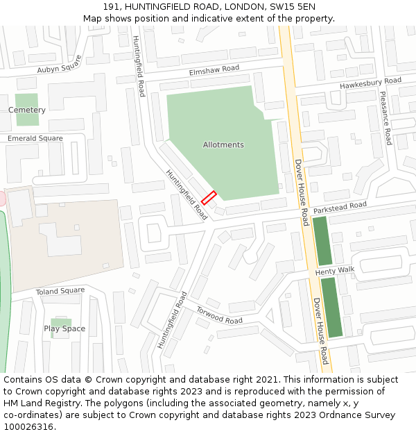 191, HUNTINGFIELD ROAD, LONDON, SW15 5EN: Location map and indicative extent of plot