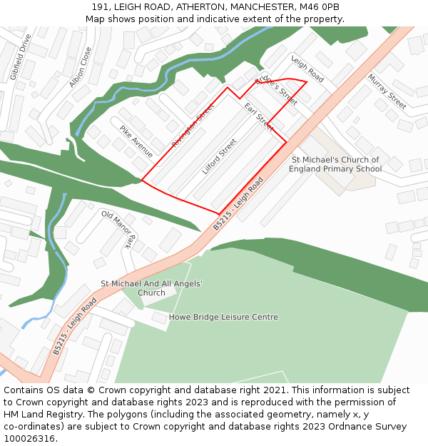 191, LEIGH ROAD, ATHERTON, MANCHESTER, M46 0PB: Location map and indicative extent of plot
