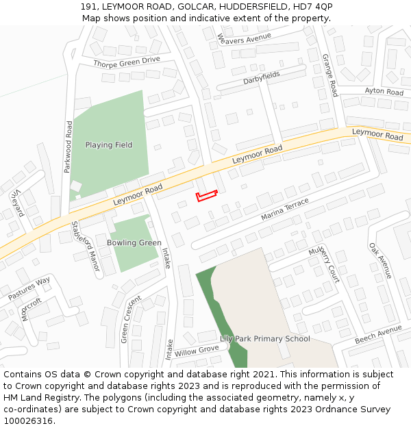191, LEYMOOR ROAD, GOLCAR, HUDDERSFIELD, HD7 4QP: Location map and indicative extent of plot
