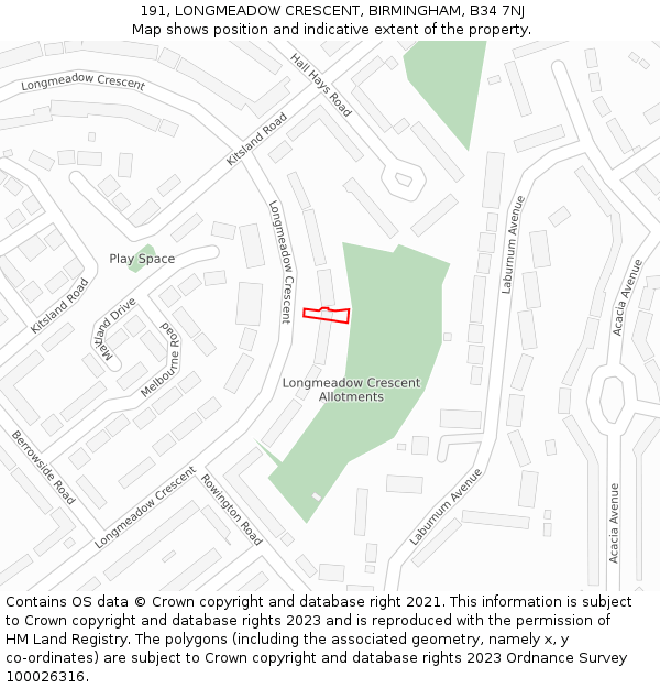 191, LONGMEADOW CRESCENT, BIRMINGHAM, B34 7NJ: Location map and indicative extent of plot