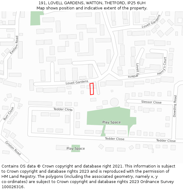 191, LOVELL GARDENS, WATTON, THETFORD, IP25 6UH: Location map and indicative extent of plot